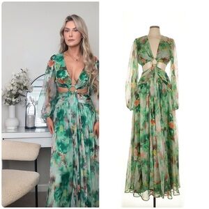Boohoo Elegant Green Floral Side Cutout Maxi Dress US10